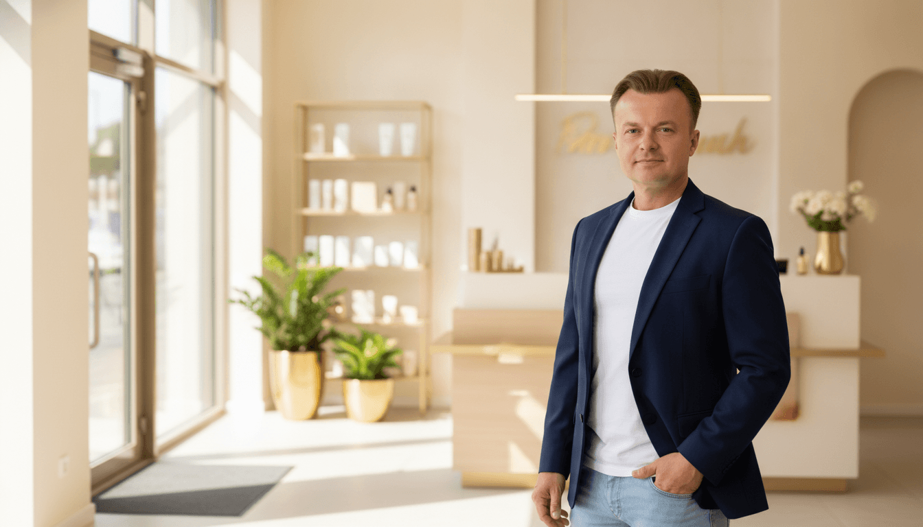 PickBeauty-Gründer im Empfangsbereich eines Beauty-Studios